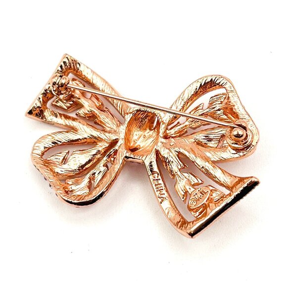 Kenneth Jay Lane KJL Rose Gold Tone Pink Pave Rhinestone Bow Brooch 2" - Picture 7 of 9